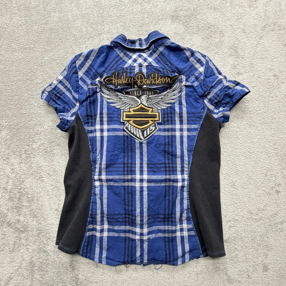 Harley-Davidson Shirt Womens M Blue Plaid Button-Up Short Sleeve Embroidered - Picture 6 of 6